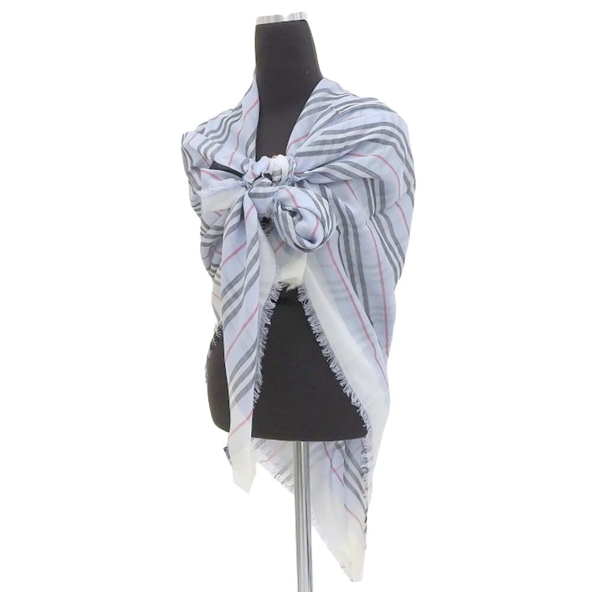 Pre-Owned Burberry BURBERRY scarf border stripe wool silk light blue 80173691 (Like New)