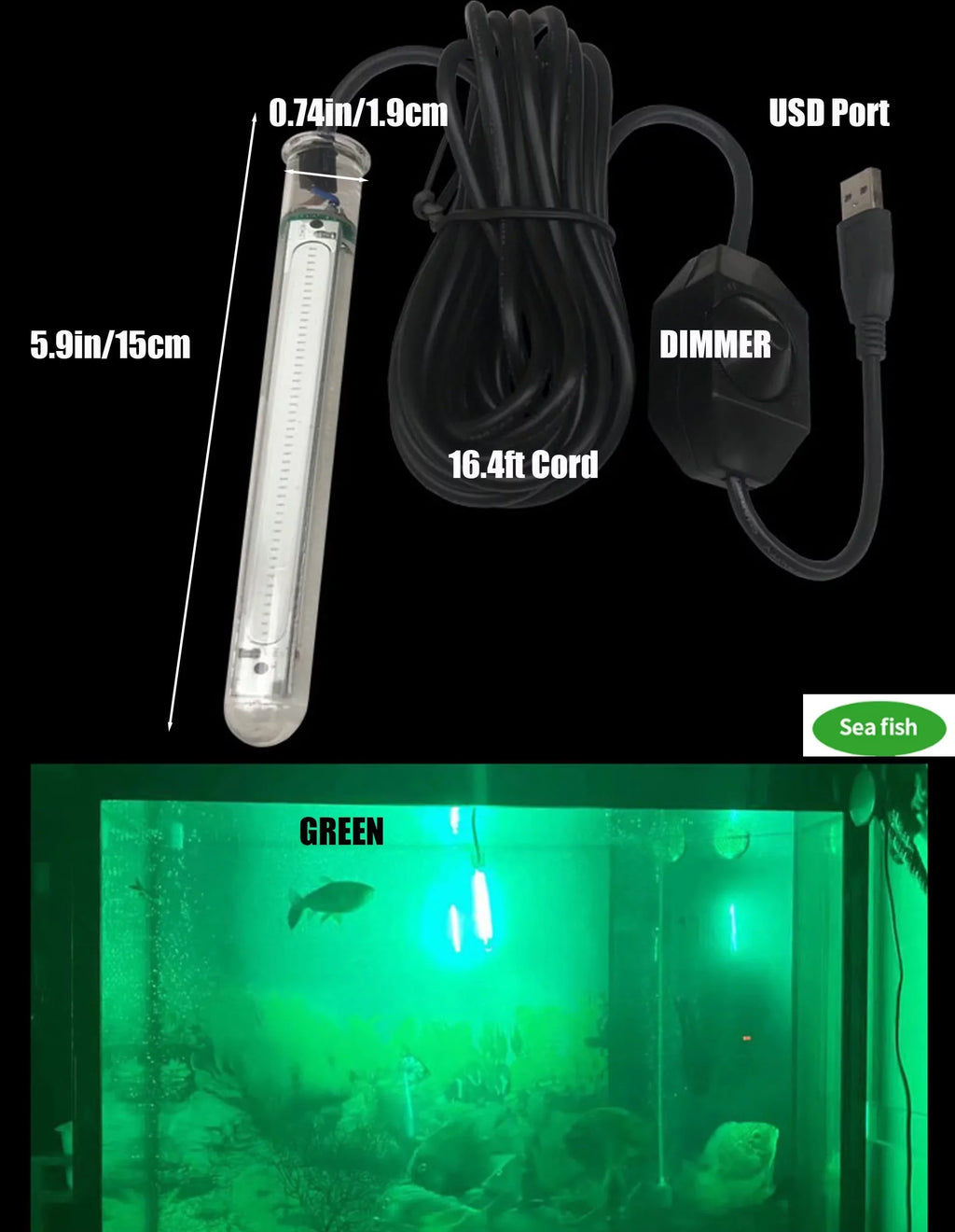 FSizeLiving USizeB LED Charging 5V Underwater Fishing Light Fish Attracting Light,Night Fishing Light Portable Dimmable Sizeubmersible Fishing Light 20W Finder for Camping 16.4ft - Green