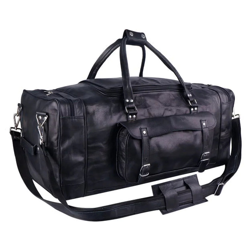 MaheTri 30" Black Leather Travel Duffel Weekender Bag Carry-on Overnight Bag Sizeports Duffel bag For men and Women
