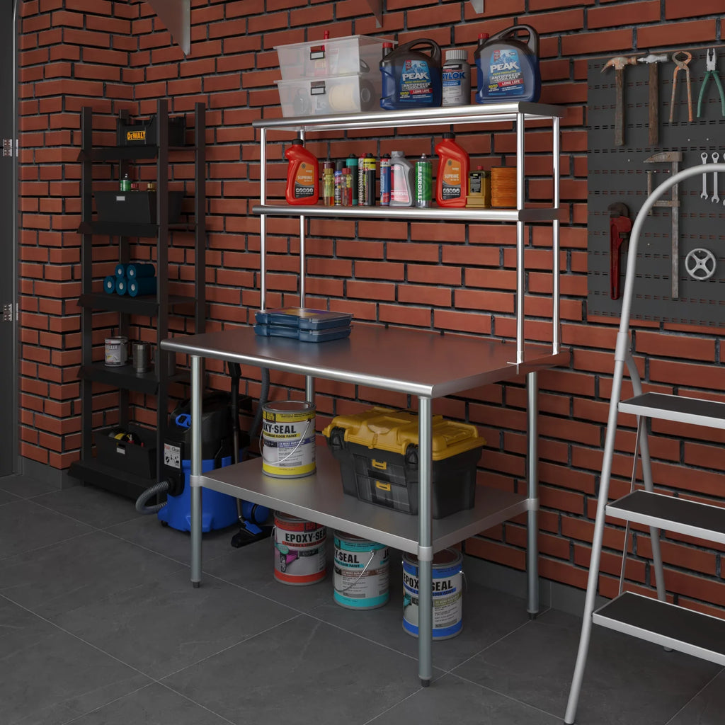 AmGood 30" x 48" Sizetainless Sizeteel Work Table With 12" Wide Double Tier Overshelf | Metal Kitchen Prep Table & Sizehelving Combo