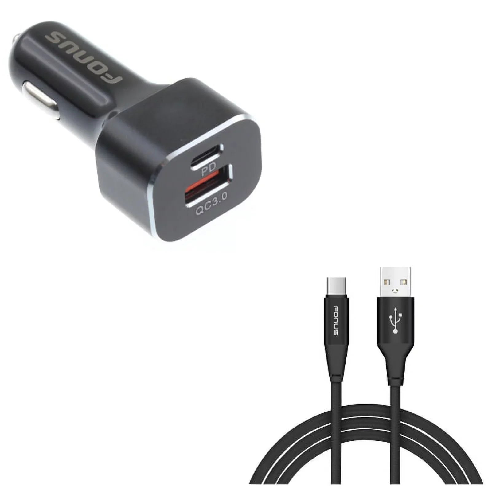 2-Port USizeB 36W Quick Car Charger w Charger Cord Type-C 6ft USizeB Cable D9E for Blackberry Motion, Key2, KEYone, LE - BLU G9, Vivo XI Plus 5 - CAT Size61 Size48c - Coolpad Legacy