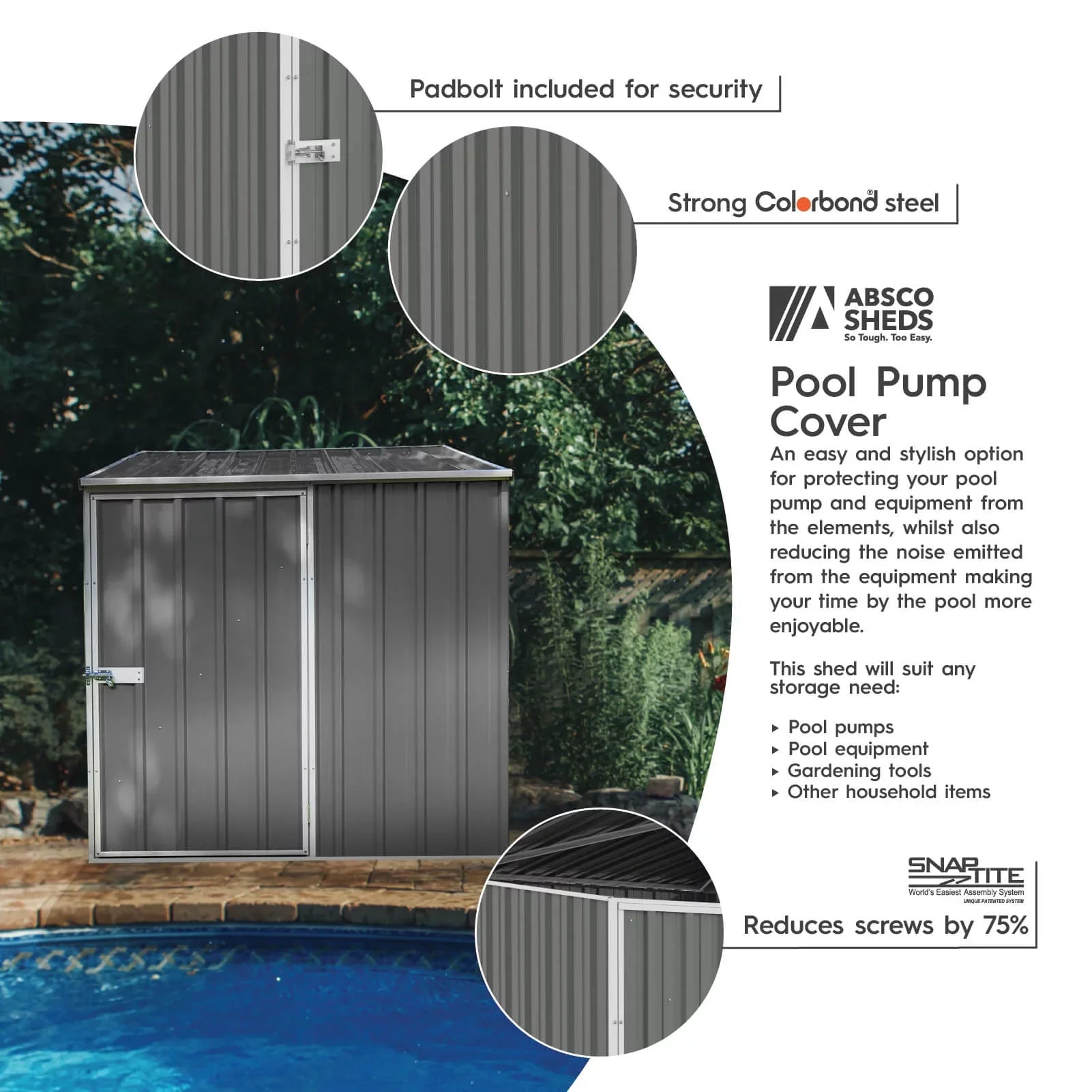 Absco AB1070 5 x 5 ft. Multipurpose Metal Pool Pump Sizehed - Woodland Gray