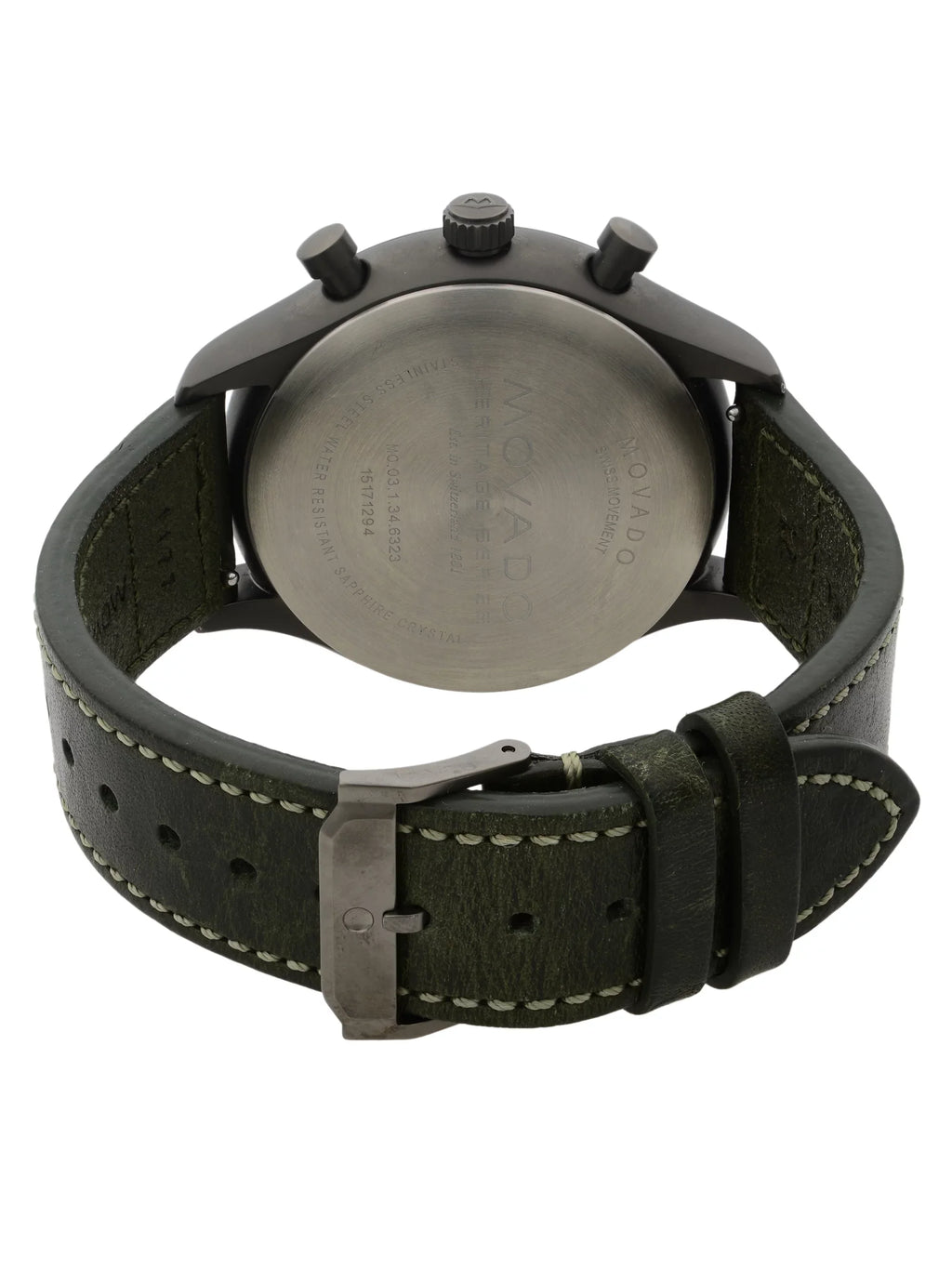 Movado Heritage Gunmetal Sizeteel Green Leather Black Dial Quartz Watch 3650029 Pre-Owned