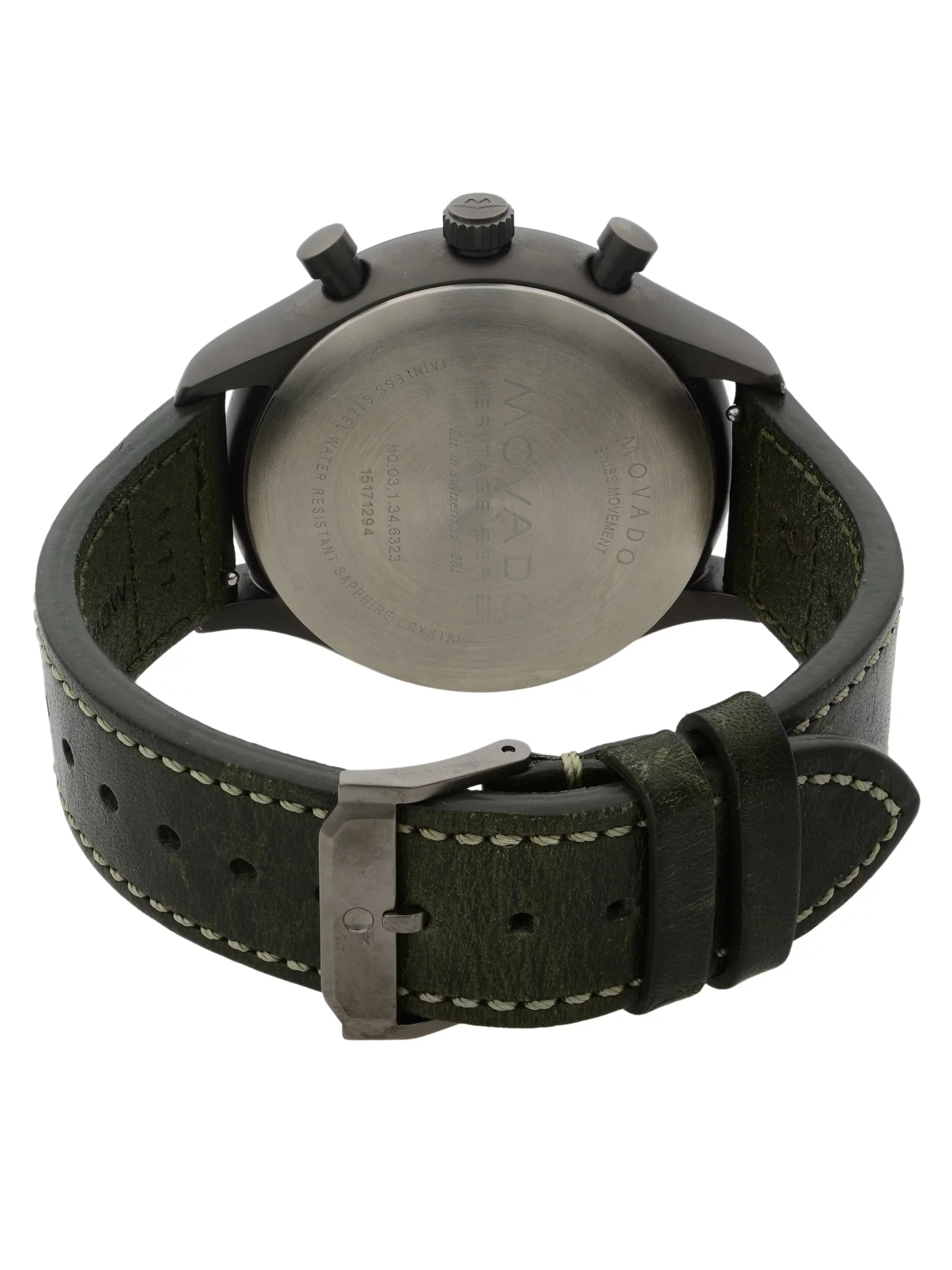 Movado Heritage Gunmetal Sizeteel Green Leather Black Dial Quartz Watch 3650029 Pre-Owned