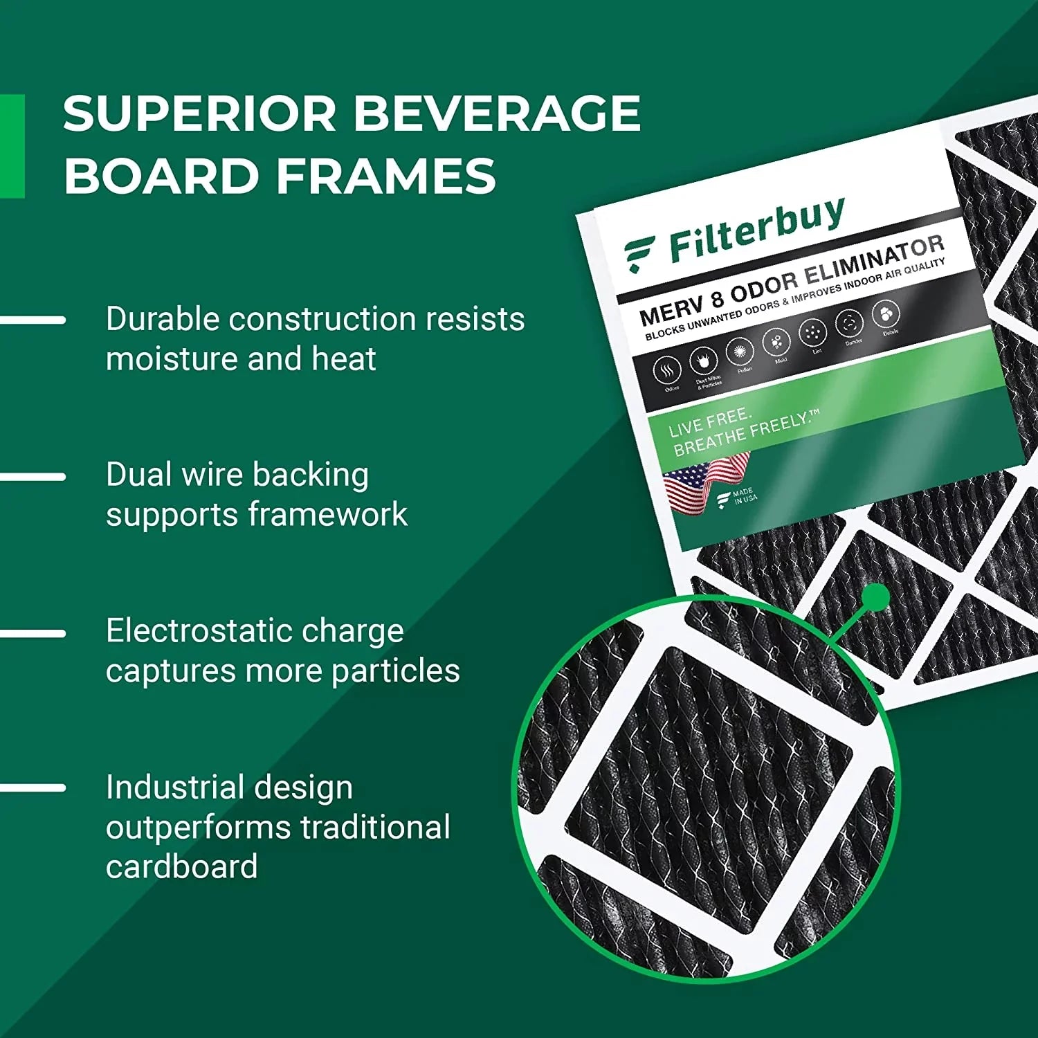 Filterbuy 16x20x1 MERV 8 Odor Eliminator Pleated HVAC AC Furnace Air Filters with Activated Carbon (3-Pack)