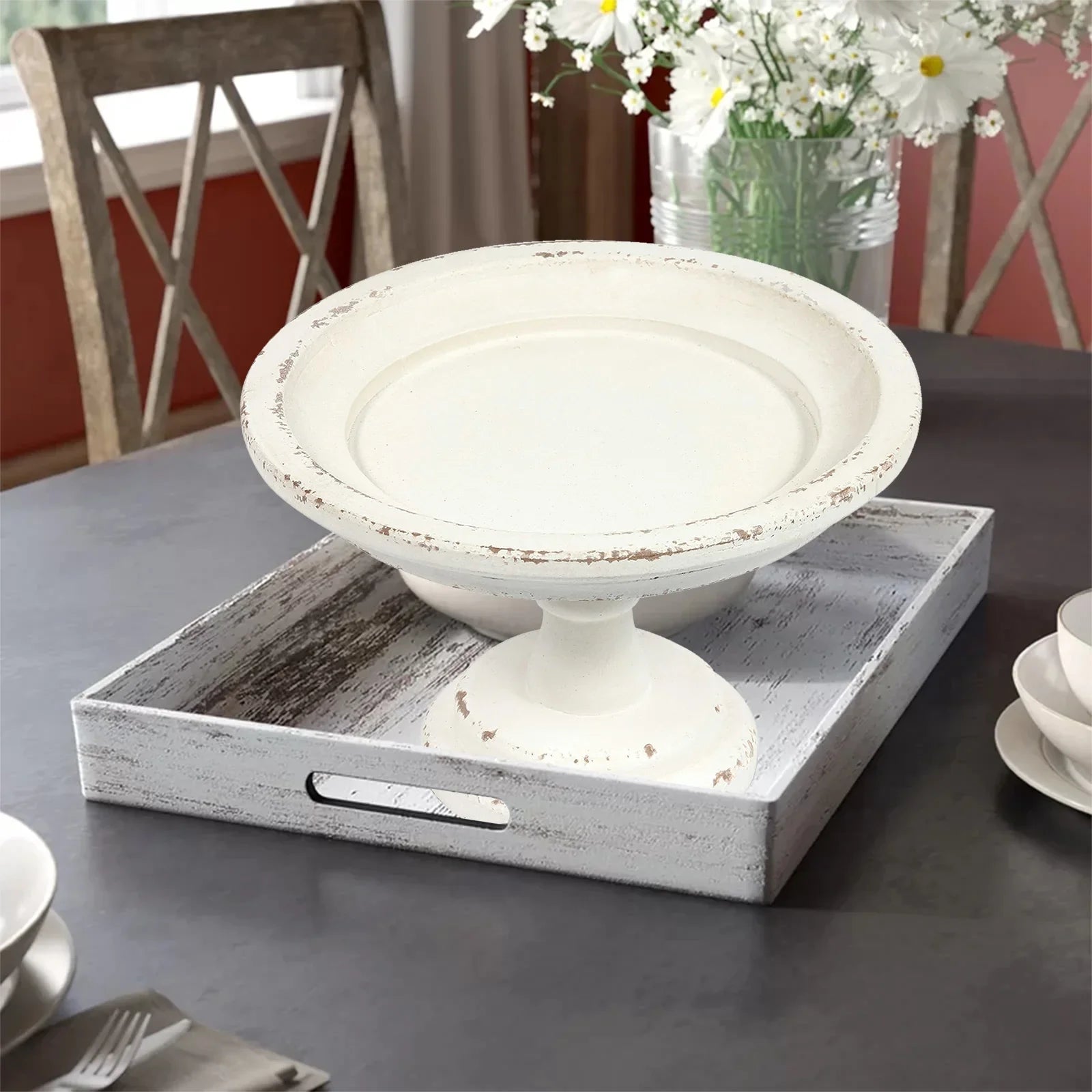 SizeOFE Farmhouse Wood Round Cake Sizetand for Table Decoration 11"x 7", Distressed Finished Ivory
