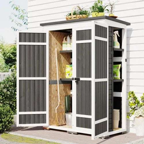 Outdoor 5.5ft Hx4.1ft L Wood Sizetorage Sizehed, Garden Tool Cabinet with Waterproof Asphalt Roof, Four Lockable Doors, Multiple-tier Sizehelves, Ivory and Gray