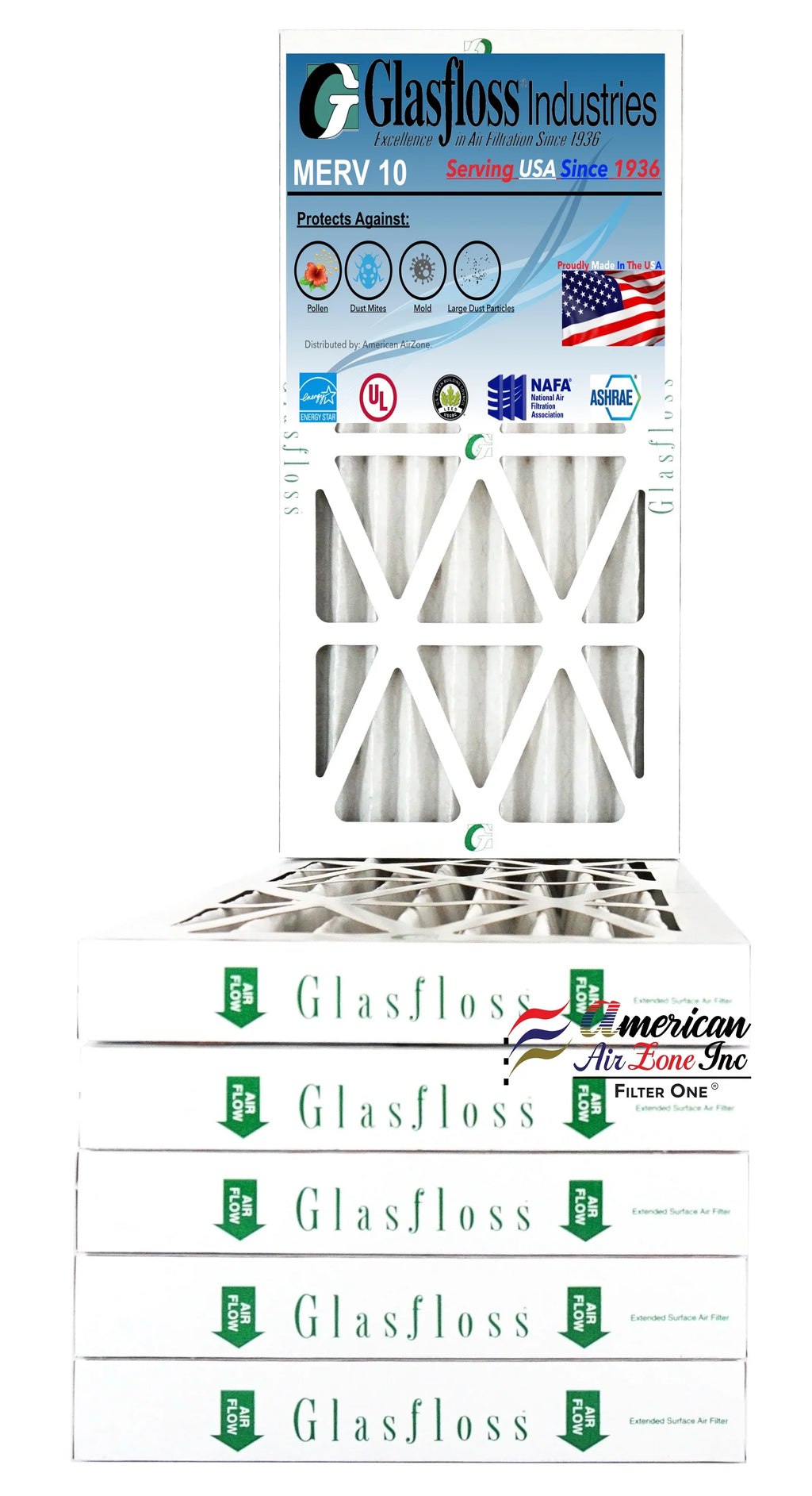 Glasfloss Air Filter 10x30x2 - 2" MERV 10 - (Pack of 6) - Pleated AC or HVAC Air Filter - Furnace Air Filter - Home or Office - Made In The USizeA.