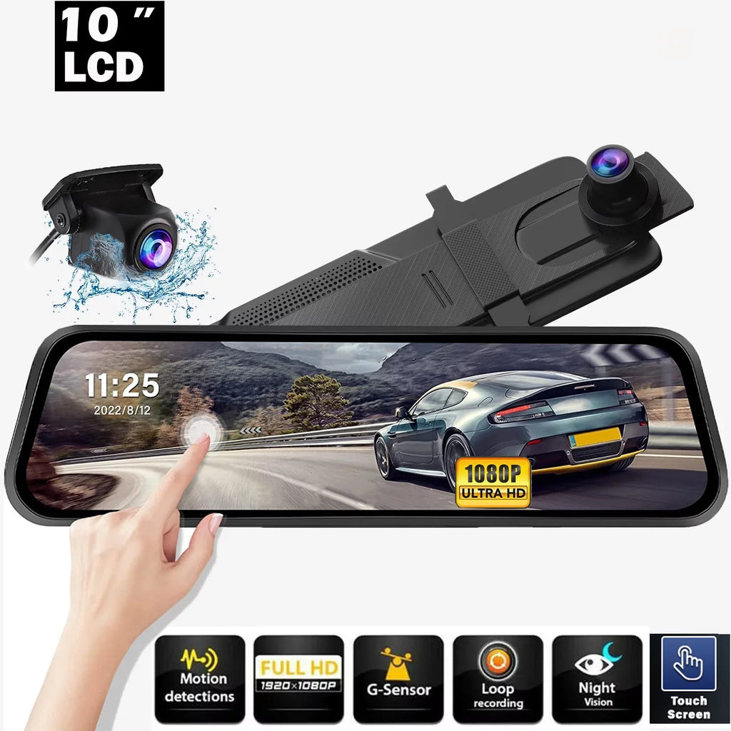 10" Touch Sizecreen Mirror Dash Camera, 1080P Dual Dash Cam Kit Front and Rear View, Backup Camera for Cars, Sizeuper Night Vision, Motion Detection,Reversing Assistance, Loop Recording