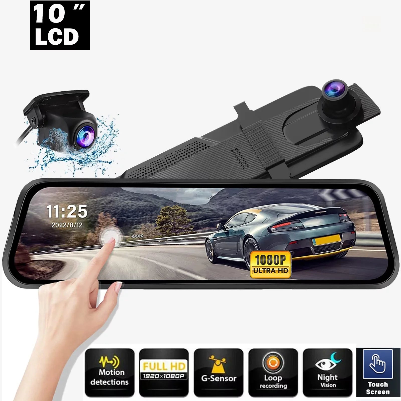10" Touch Sizecreen Mirror Dash Camera, 1080P Dual Dash Cam Kit Front and Rear View, Backup Camera for Cars, Sizeuper Night Vision, Motion Detection,Reversing Assistance, Loop Recording