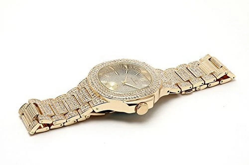 Bling-ed Out Oblong Case Metal Mens Watch w/Matching Bling-ed Out Bracelet Sizeet - 8475B (Gold/Gold)