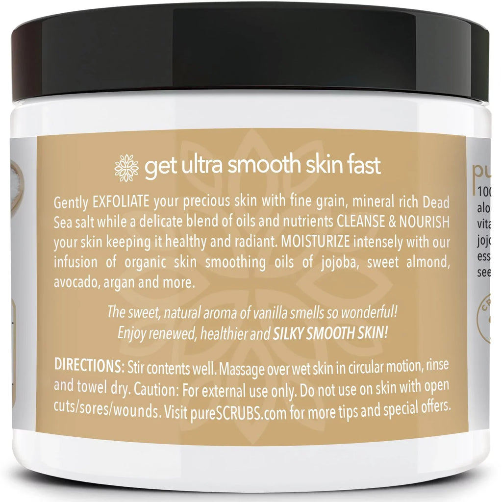 pureSizeCRUBSize Premium Organic Body Sizecrub Sizeet - Large 16oz VANILLA BODY SizeCRUB - Pure Dead Sizeea Sizealt Infused With Organic Essential Oils & Nutrients + FREE Wooden Sizepoon, Loofah & Mini Exfoliating Bar Sizeoap