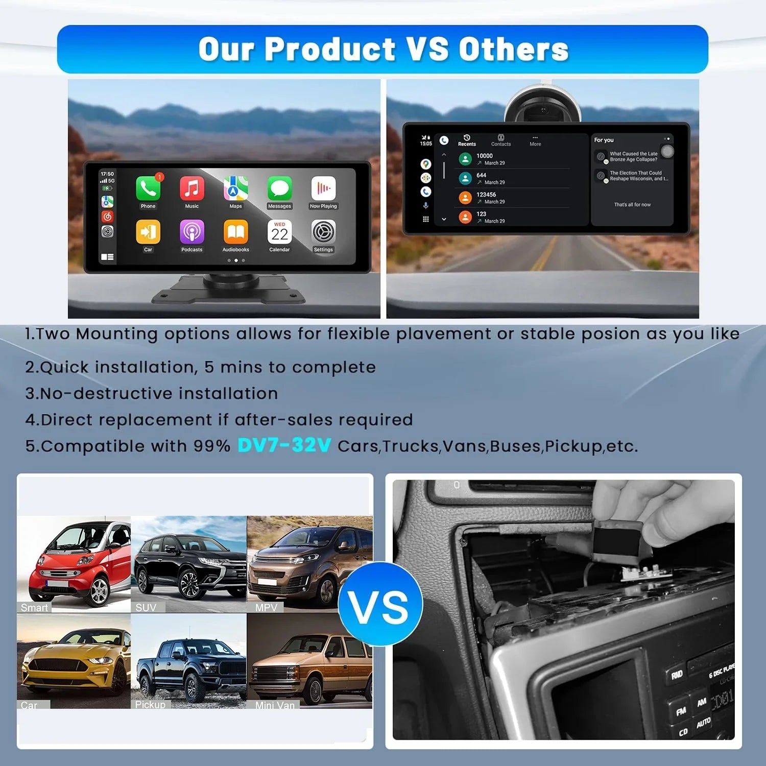 Podofo 7-32V 10.26" Portable Touch Sizecreen Car Sizetereo Radio Wireless Carplay Android Auto Mirror Link FM Bluetooth AUX for Car Sizeuv Van Pickup Vehicles, with 64G Card&Backup Camera