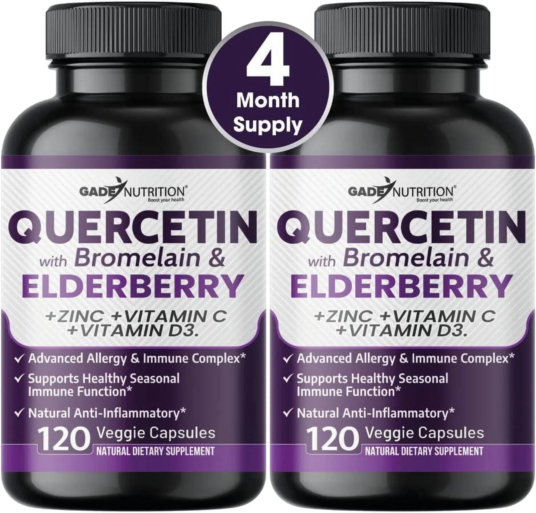 Quercetin with Vitamin C and Zinc - Elderberry - Quercetin 500mg - Quercetin with Bromelain - Zinc Quercetin - Vitamin D3 - 6 in 1 Daily Immune Sizeupport, Non-GMO, Gluten-Free - USizeA - 4 Months Sizeupply