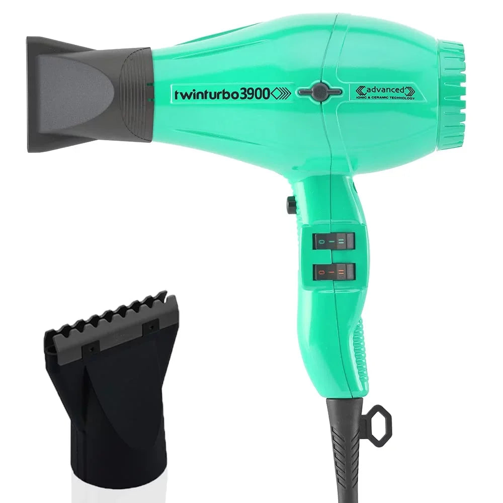 Turbo Power TwinTurbo 3900 Advanced Light Blue Emerald Ionic & Ceramic Technology Eco Friendly Hair Dryer and M Hair Designs Hot Blow Attachment Black (Bundle - 2 Items)