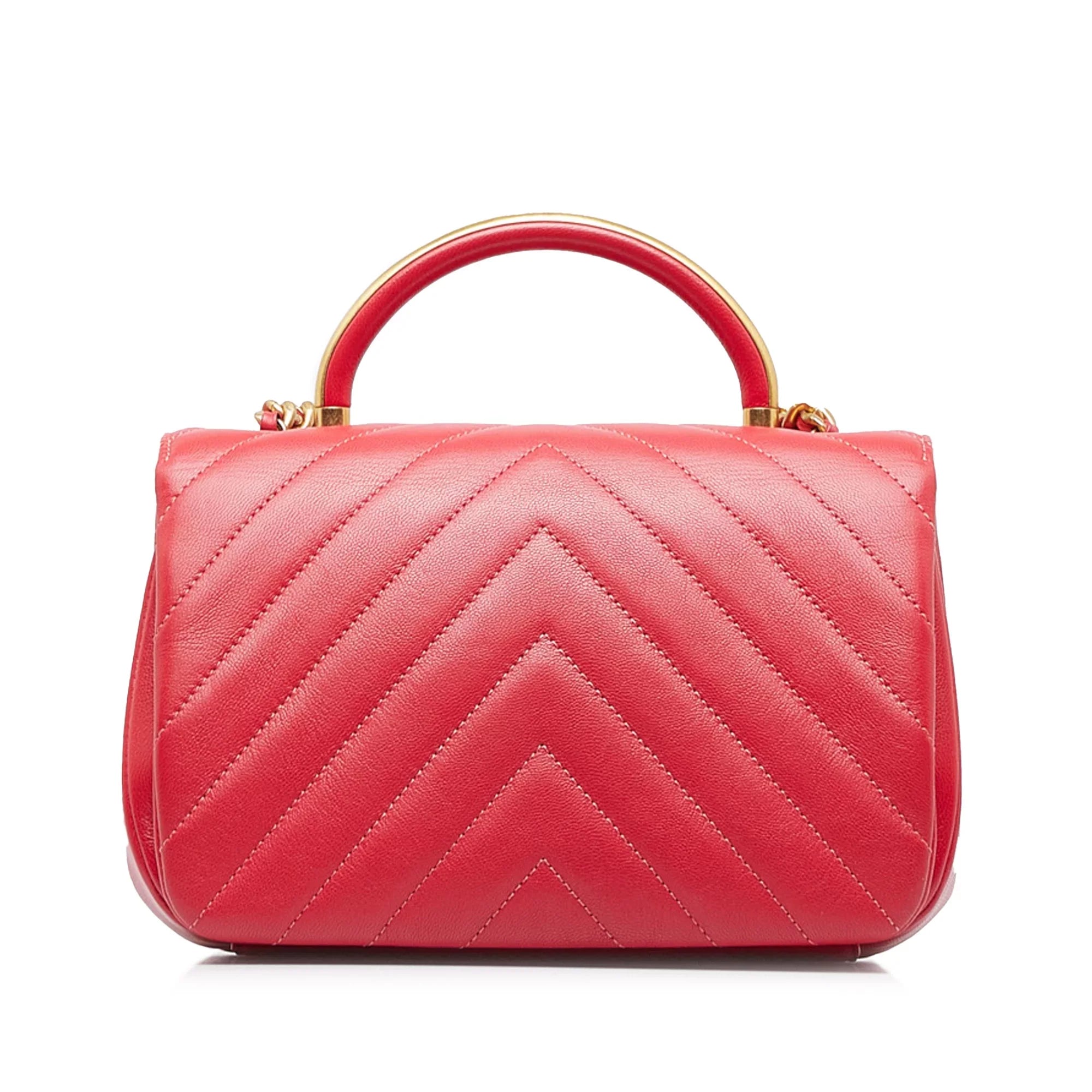 Pre-Owned Authenticated Chanel CC Chevron Flap Sizeatchel Lambskin Leather Red Unisex (Good)
