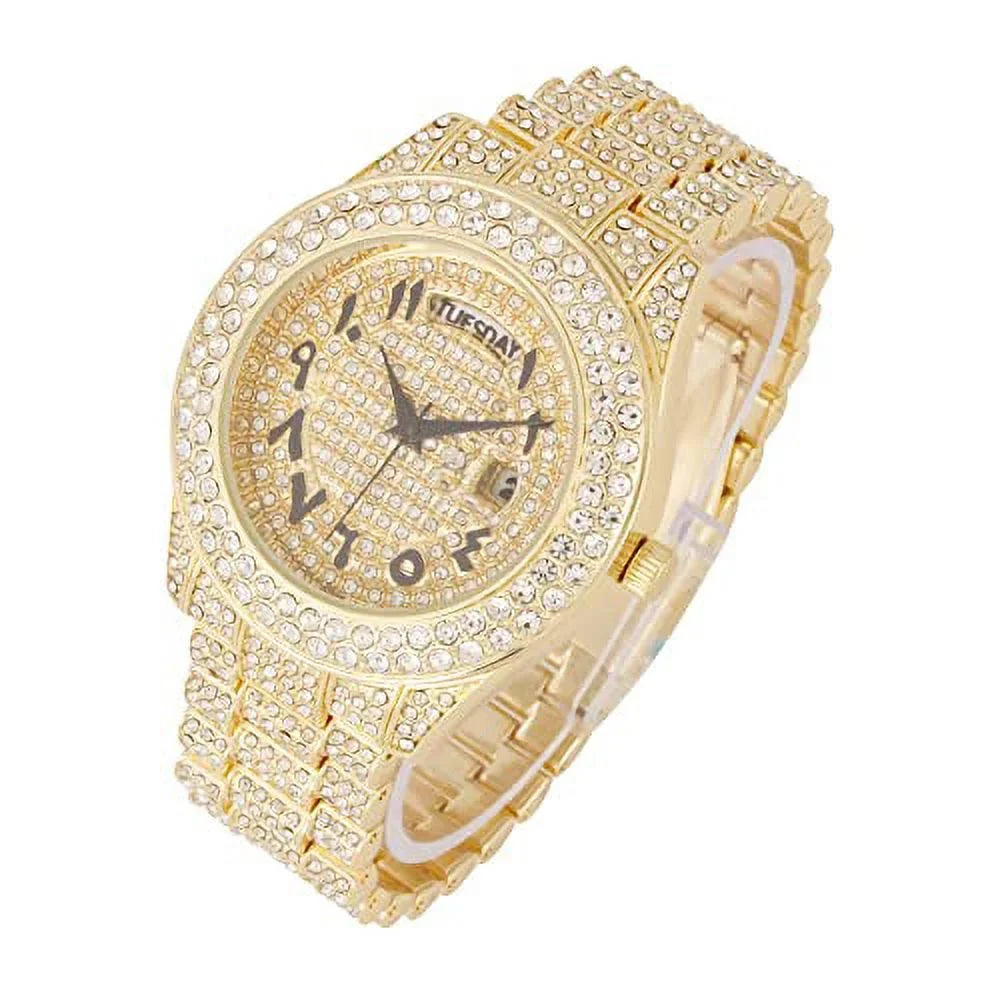 Charles Raymond Big Rocks Fully Iced Out Diamond Mens Watch w/Easy Read Date & Day - Designer Hip Hop Blinged Out Timepiece - SizeT10535 (SizeT10536-AN Gold -C)