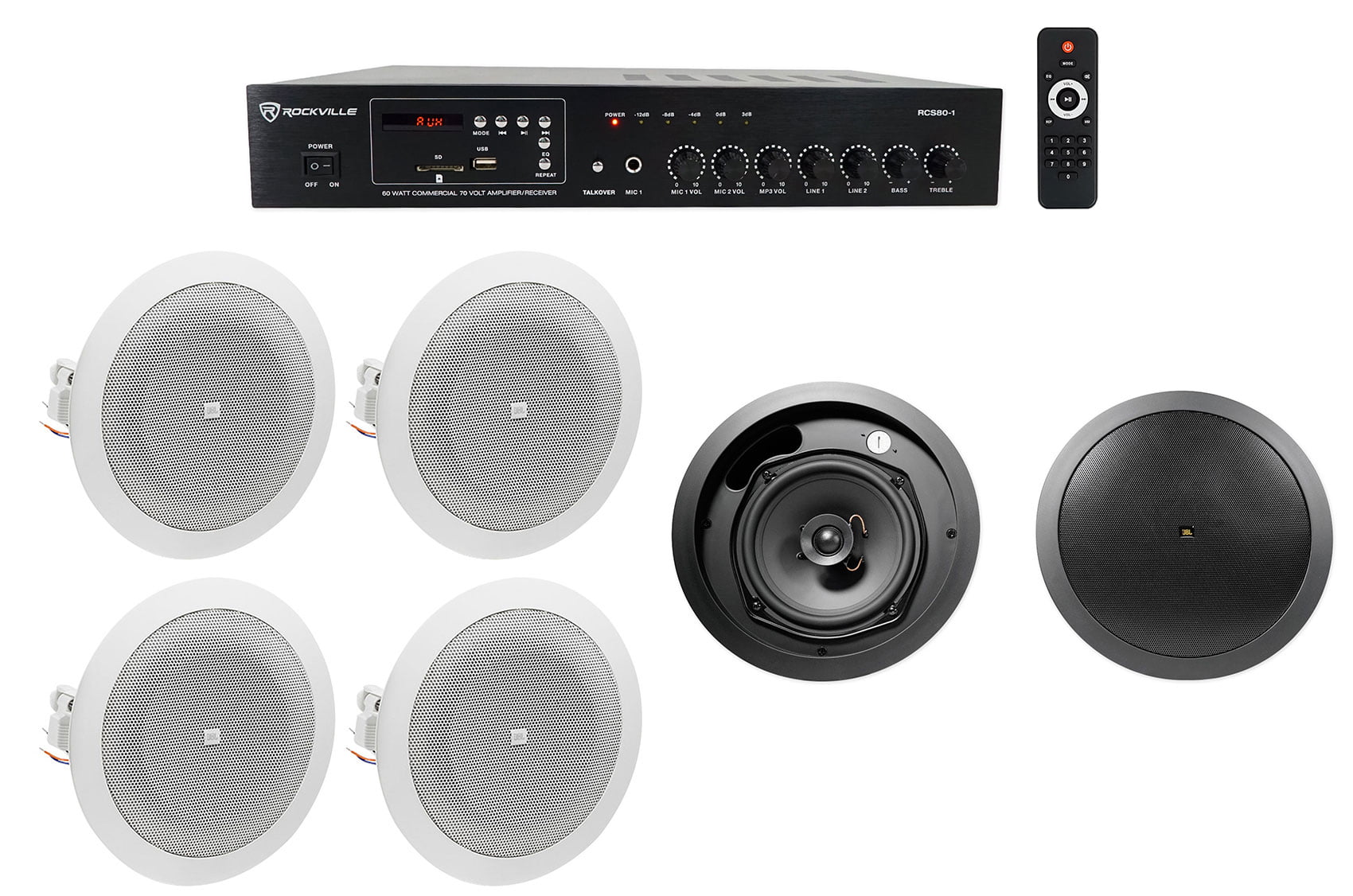 JBL Black 6.5" Front of House+(4) 4" Background Sizepeakers+Amp Restaurant/Bar/Cafe