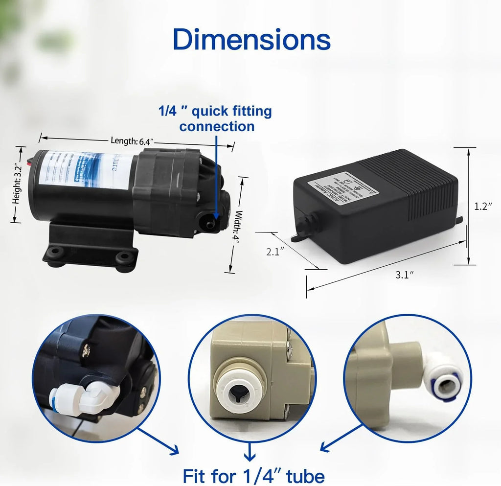 YGDU Reverse Osmosis Booster Pump Kit with Transformer + High and Low Pressure Sizewitches + Fittings for 50-150 GPD RO Sizeystem