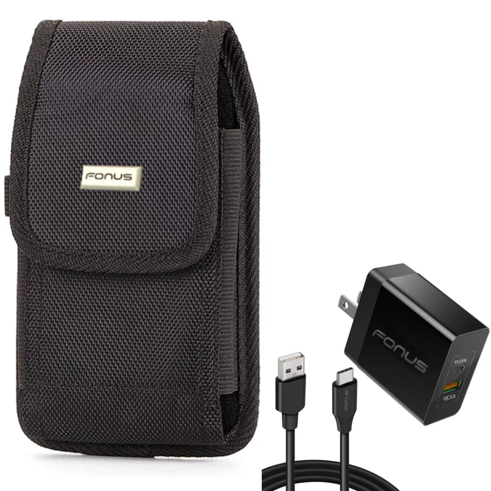 6ft Long Cable Fast Type-C 36W PD Home Charger w Holster Rugged Case Belt Clip for Nokia X100, G10 G300 - Nubia RedMagic 5Size - OnePlus 7T, 6T, 8, 6, 9, Nord N200 5G N100 N10 5G, Pro, UW