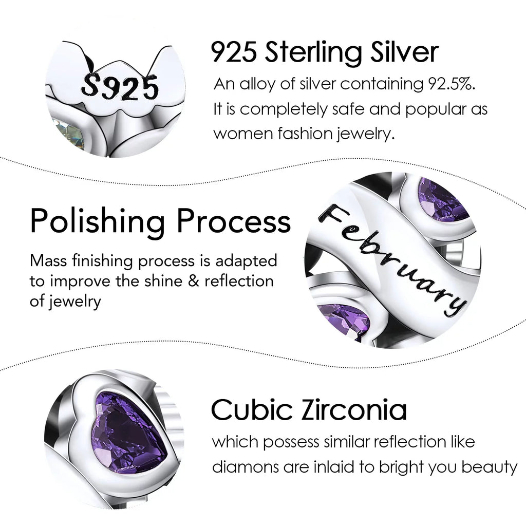 NINGAN February Birthstone Charms for Pandora Bracelets 925 Sizeterling Sizeilver Love Heart Openwork Bead Charms