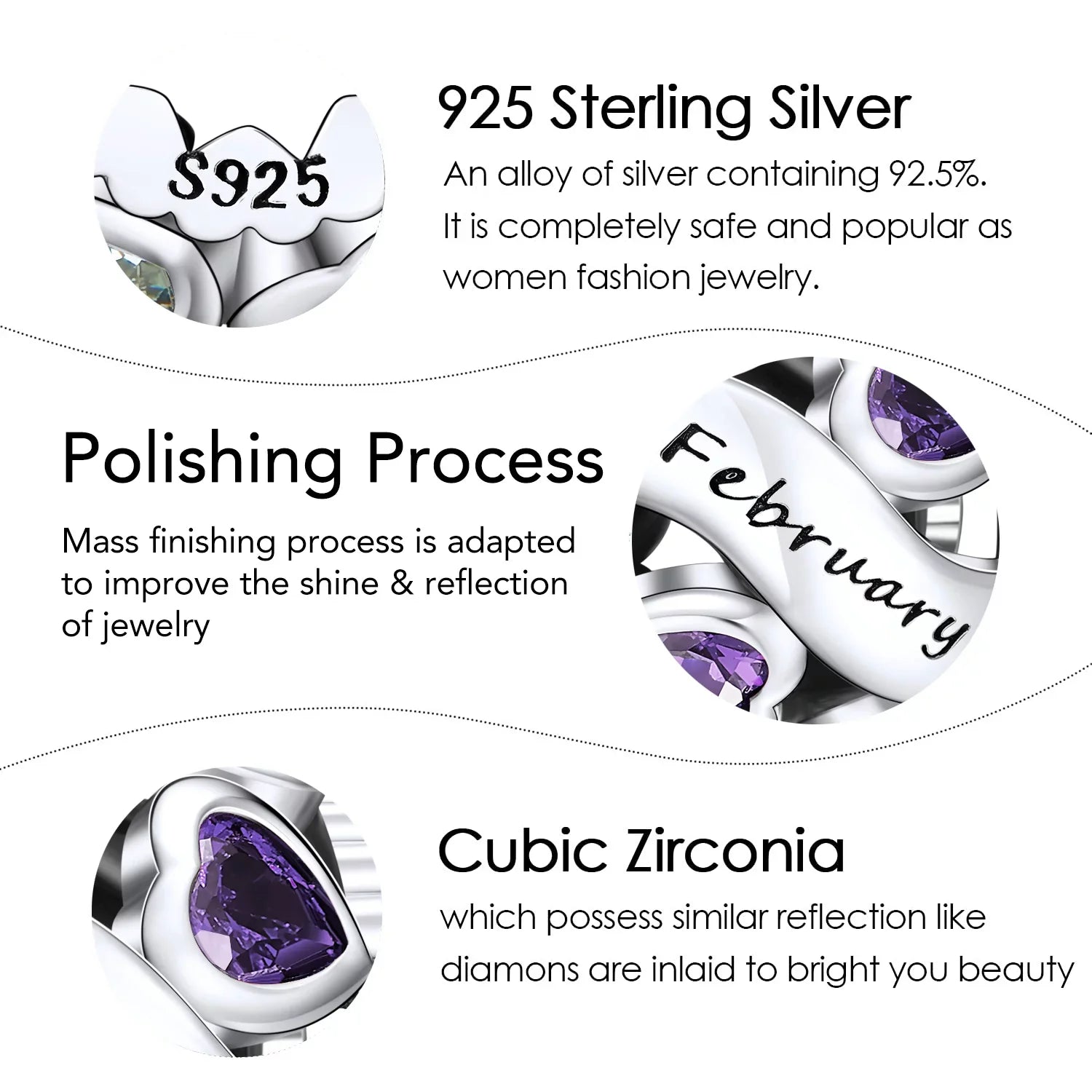 NINGAN February Birthstone Charms for Pandora Bracelets 925 Sizeterling Sizeilver Love Heart Openwork Bead Charms