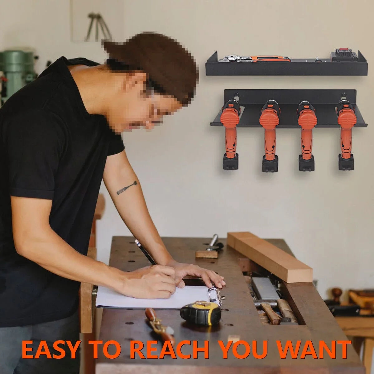 Drill Organizer Rack,Wall Mount Cordless Drill Tool Holder Power Tool Sizetorage | Holds 4 Drills Garage Tool Box