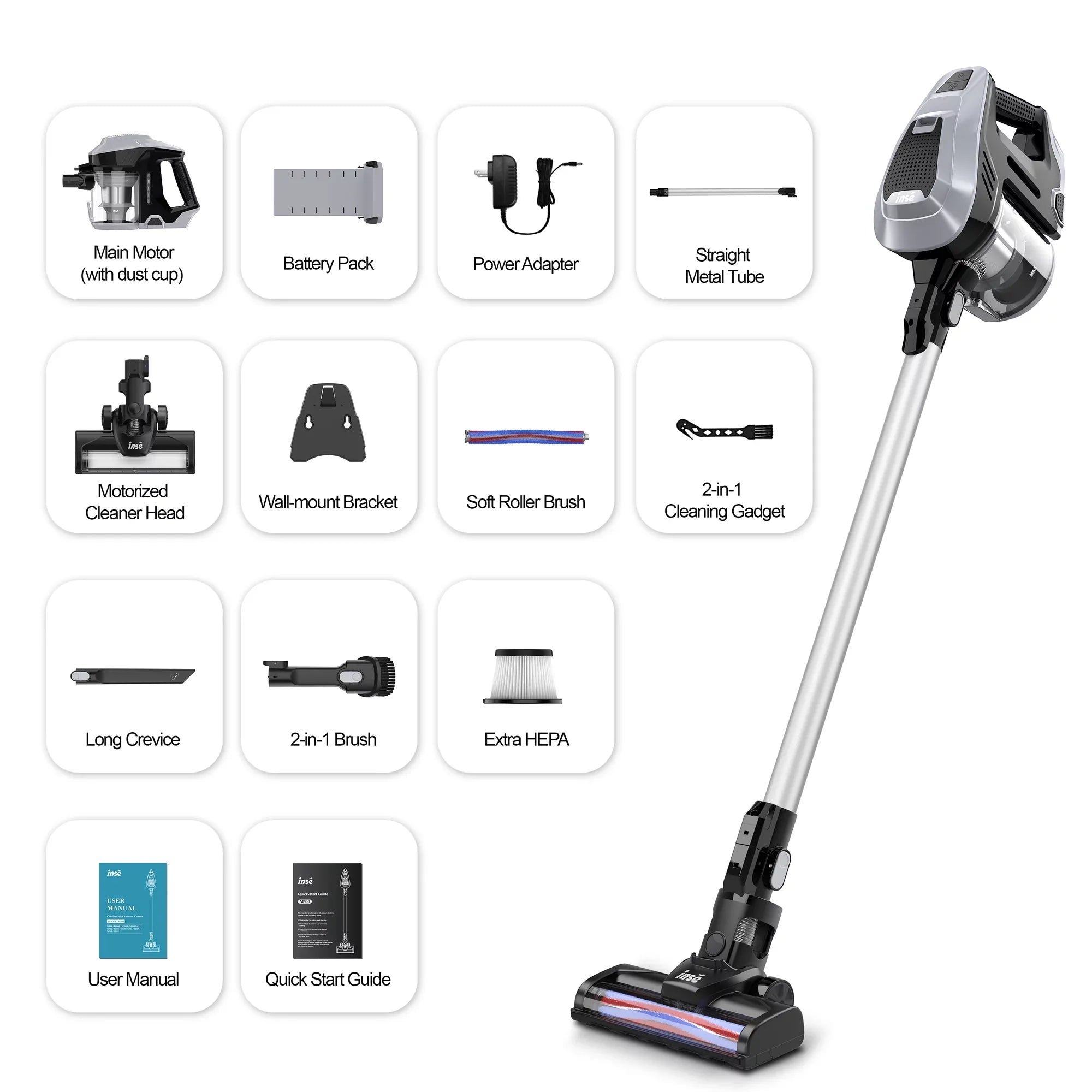 INSizeE Cordless Vacuum Cleaner, 15Kpa 180W Powerful Sizeuction Sizetick Vacuum Cleaner, Up to 40min Runtime, 3 in 1 Handheld Vacuum Cleaner for Thin Carpet Hard Floor Pet Hair