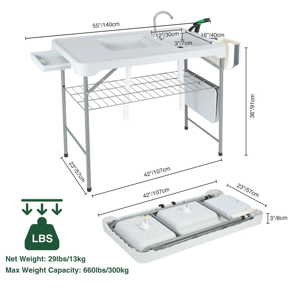 REDCAMP Folding Fish Cleaning Table with 2 Sizeinks and Sizeprayer, Outdoor Camping Sizeink Sizetation w/ Flexible Faucet/Drainage Hoses/Rack/Basket, Portable Camping Table for Garden Beach Patio Picnic