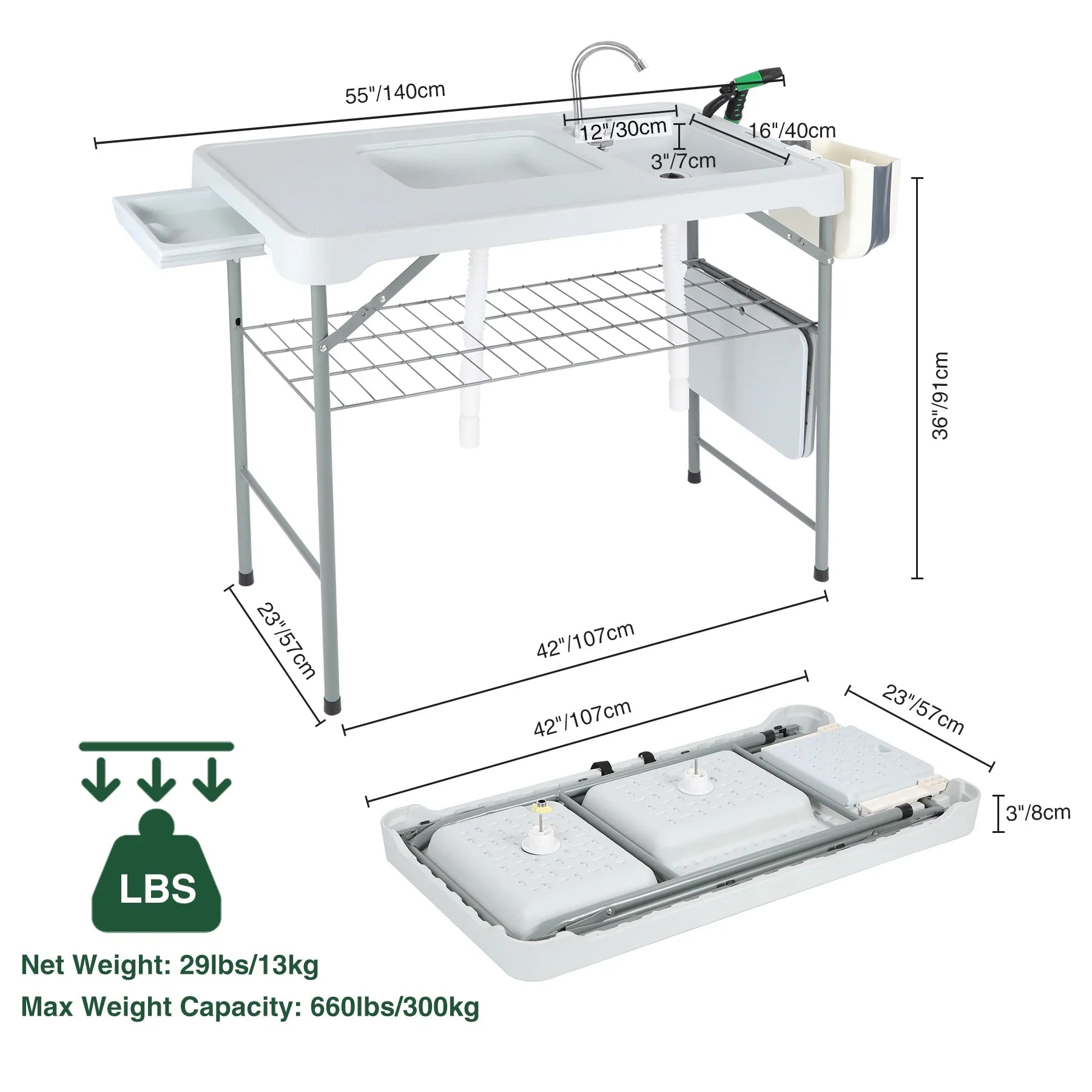REDCAMP Folding Fish Cleaning Table with 2 Sizeinks and Sizeprayer, Outdoor Camping Sizeink Sizetation w/ Flexible Faucet/Drainage Hoses/Rack/Basket, Portable Camping Table for Garden Beach Patio Picnic