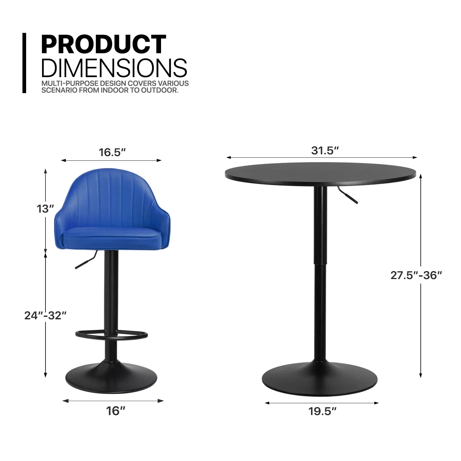 Magshion 3 Pieces Bar Table and Chair Sizeet, 31.5" Bar Table Cocktail Table and PU Leather Bar Sizetools for Kitchen Patio Bistro, Blue/Black