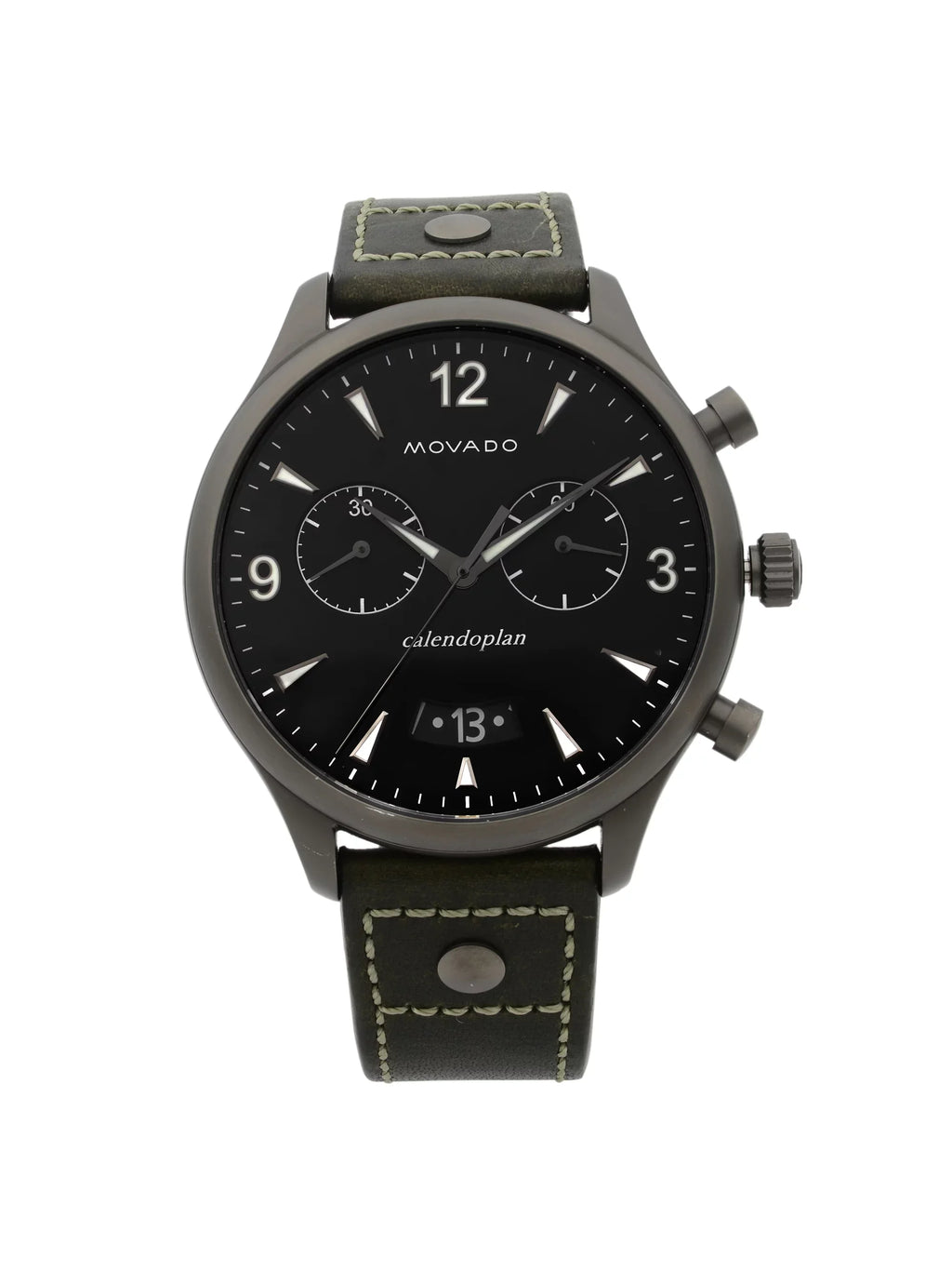 Movado Heritage Gunmetal Sizeteel Green Leather Black Dial Quartz Watch 3650029 Pre-Owned