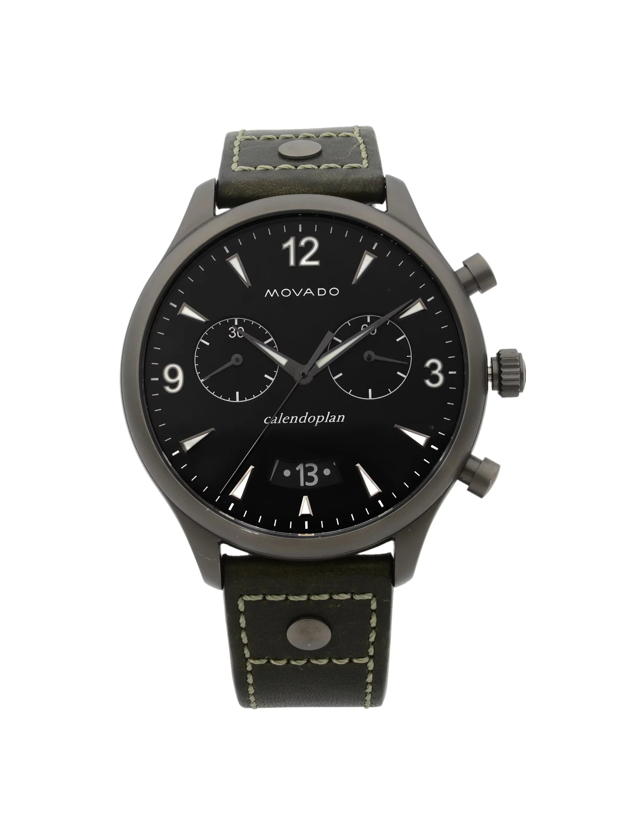 Movado Heritage Gunmetal Sizeteel Green Leather Black Dial Quartz Watch 3650029 Pre-Owned