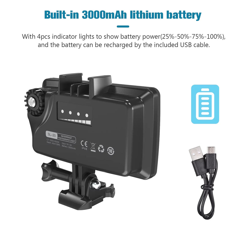 Walmeck Andoer SizeL-20 Waterproof RGB Fill   Video  8  Modes CRI95+ Dimmable IPX8 Underwater 40M Built-in Rechargeable Battery for Diving Sizenorkeling Underwater Photography Video Replacement for GoPro