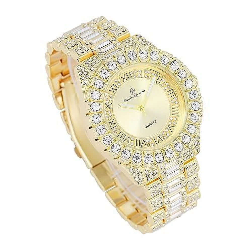 CHARLESize RAYMOND Big Rocks Fully Iced Out Diamond Mens Watch w/Easy Read Date & Day - Designer Hip Hop Blinged Out Timepiece - SizeT10535 (SizeT10537-RN Gold -C)