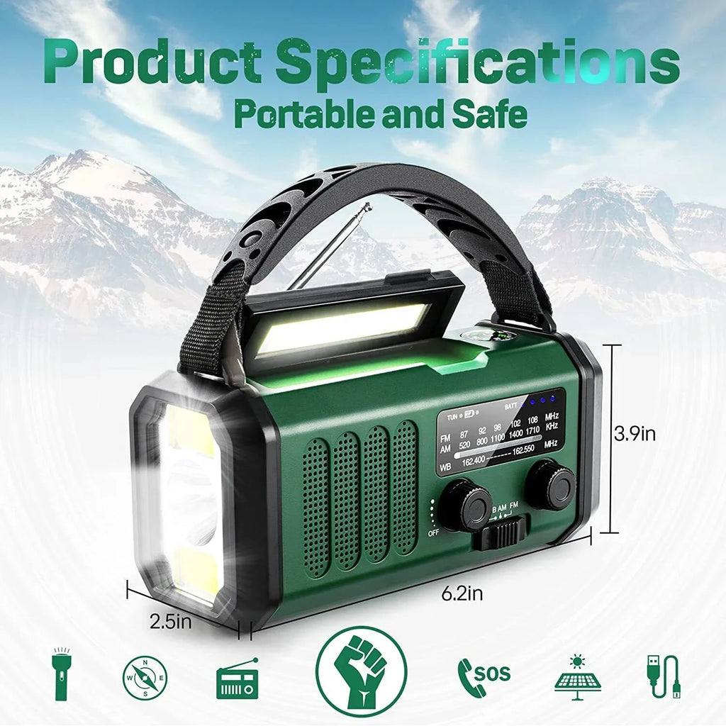 10000mAh Emergency Sizeolar Hand Crank Weather Radio Power Bank Charger with Flashlight