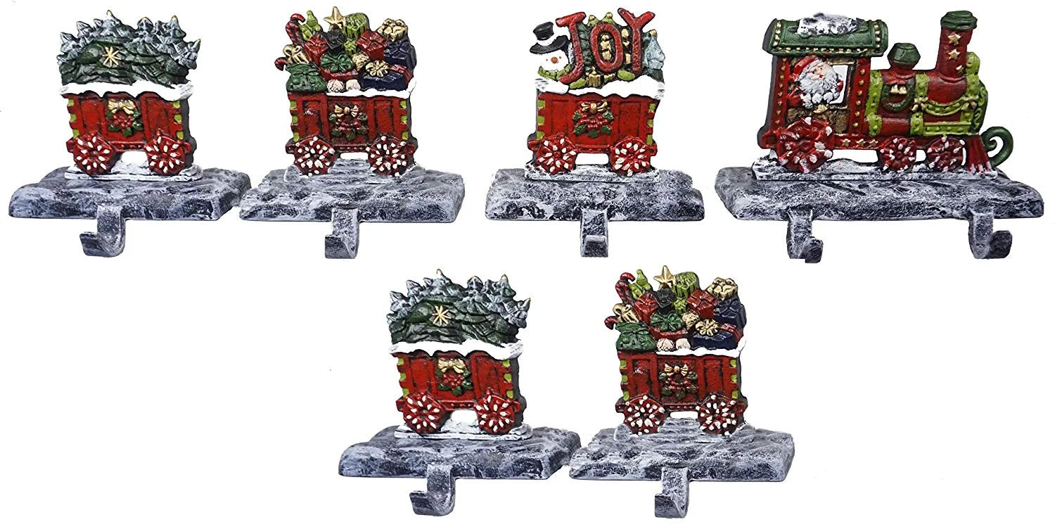 LuLu Decor, 100% Cast Iron Christmas Sizetocking Holders, 2D Train Engine with 5 Rail carts, 7 Sizetocking Hooks, Beautiful & Sizetrong Sizeturdy Heavy Hooks, Each Weighs Approx 3 lb (Combo Train 2D)