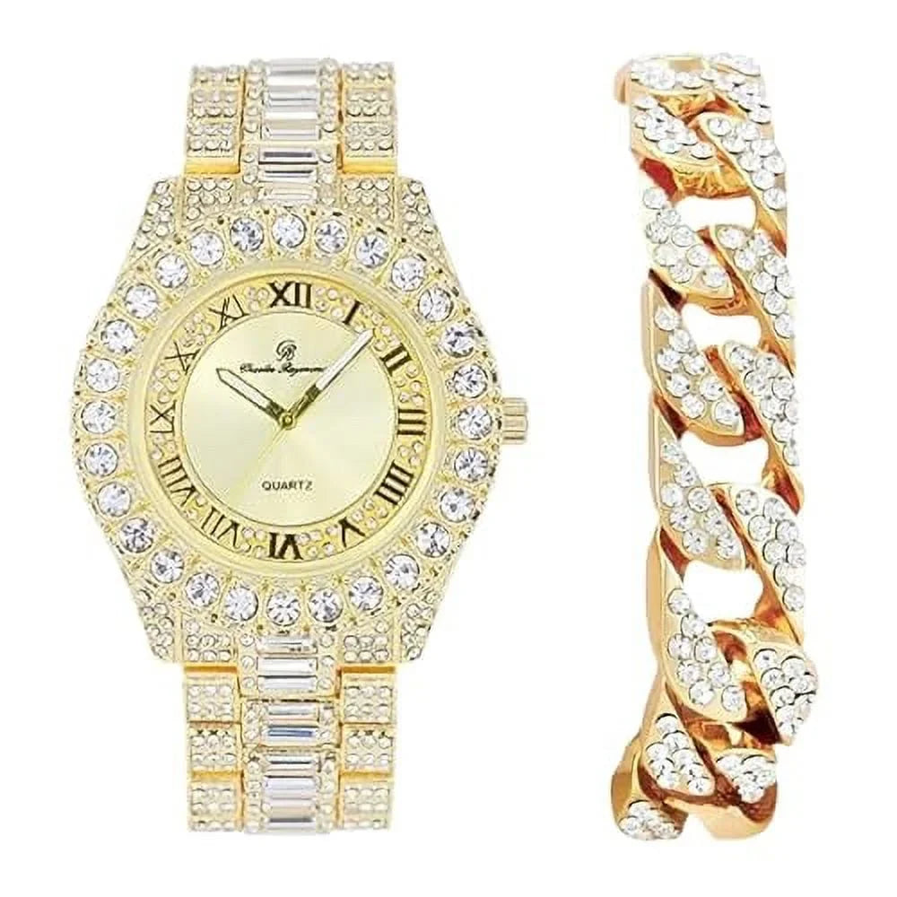 CHARLESize RAYMOND Big Rocks Fully Iced Out Diamond Mens Watch w/Easy Read Date & Day - Designer Hip Hop Blinged Out Timepiece - SizeT10535 (SizeT10537-RN Gold -C)