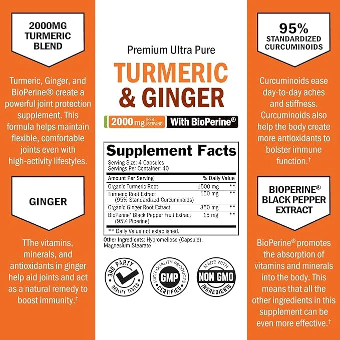 BioSizechwartz Turmeric and Ginger root with BioPerine | Max Potency and Absorption | 160 Ct