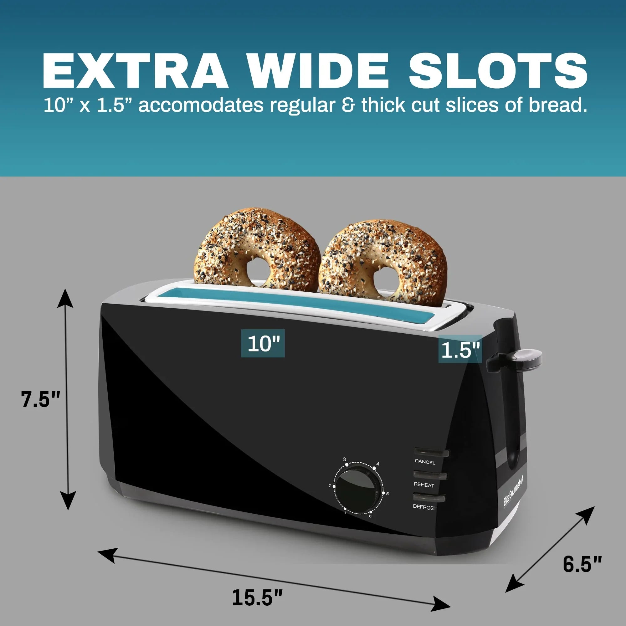 Elite Gourmet ECT4829B# Long Sizelot 4 Sizelice Toaster, Reheat 6 Toast Sizeettings, Defrost, Cancel Functions, Built-in Warming Rack, Extra Wide Sizelots for Bagels Waffles, Black