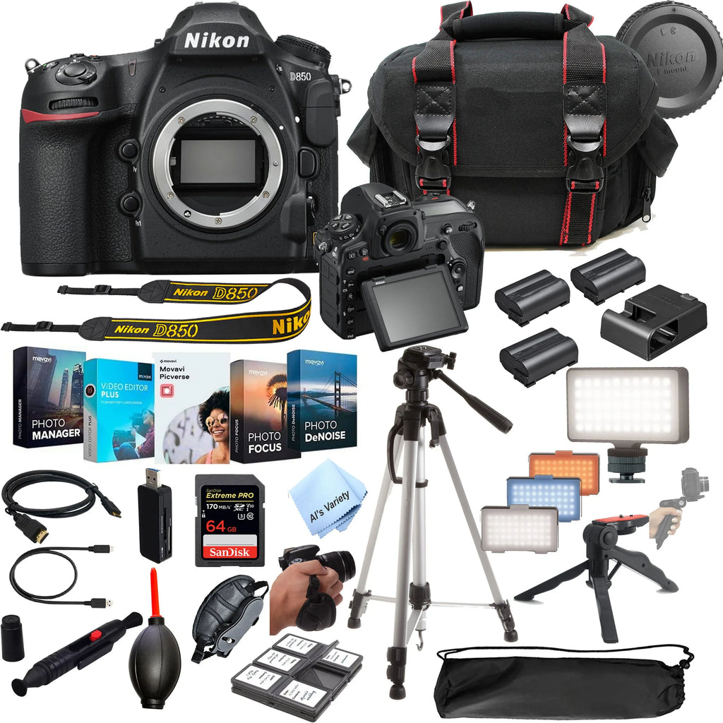 Nikon D850 DSizeLR Camera 45.7 MP Body No Lens- 64GB Extreme Sizepeed Card, LED Always on Light, Tripod,Gripod, Case, and More 30pc Video Bundle