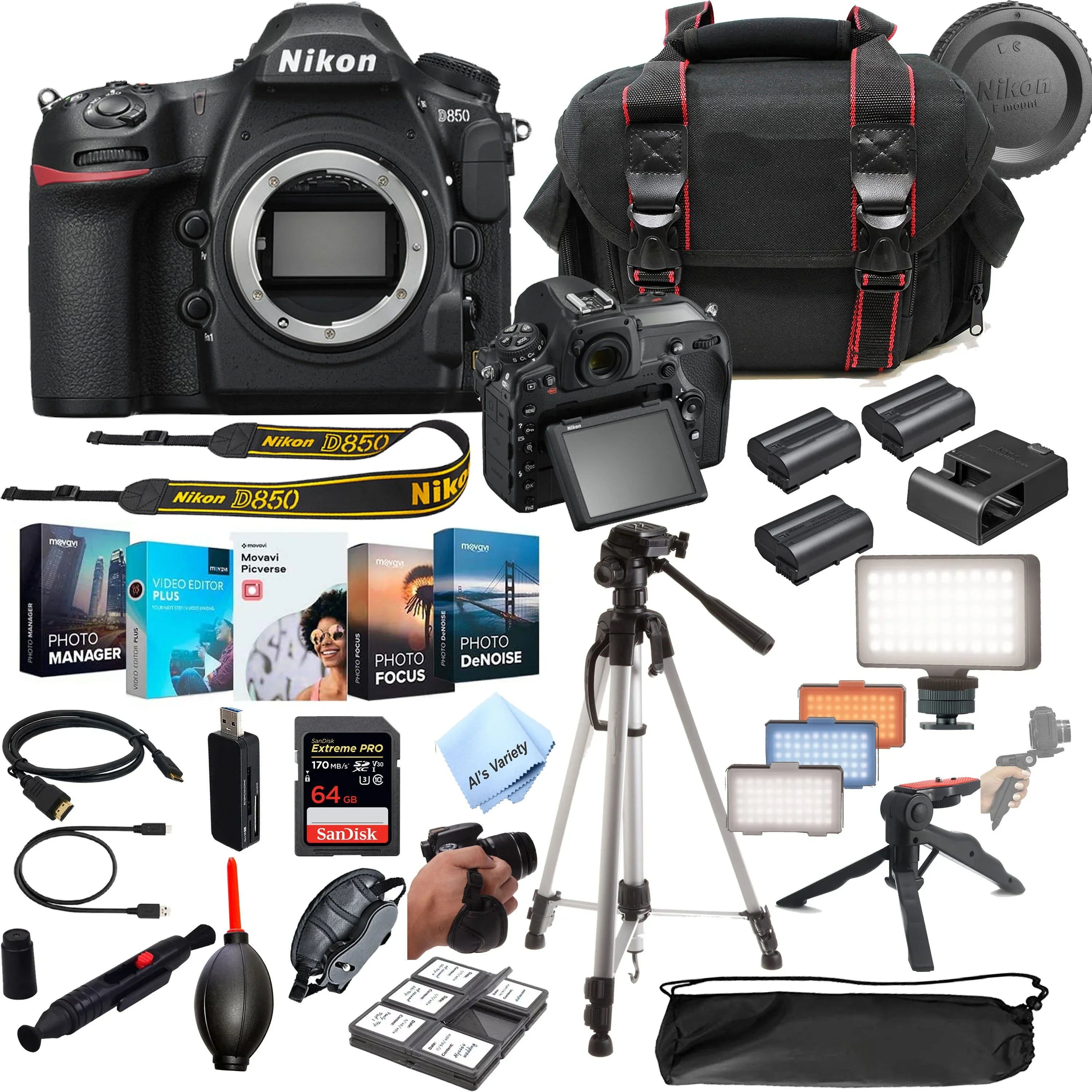 Nikon D850 DSizeLR Camera 45.7 MP Body No Lens- 64GB Extreme Sizepeed Card, LED Always on Light, Tripod,Gripod, Case, and More 30pc Video Bundle