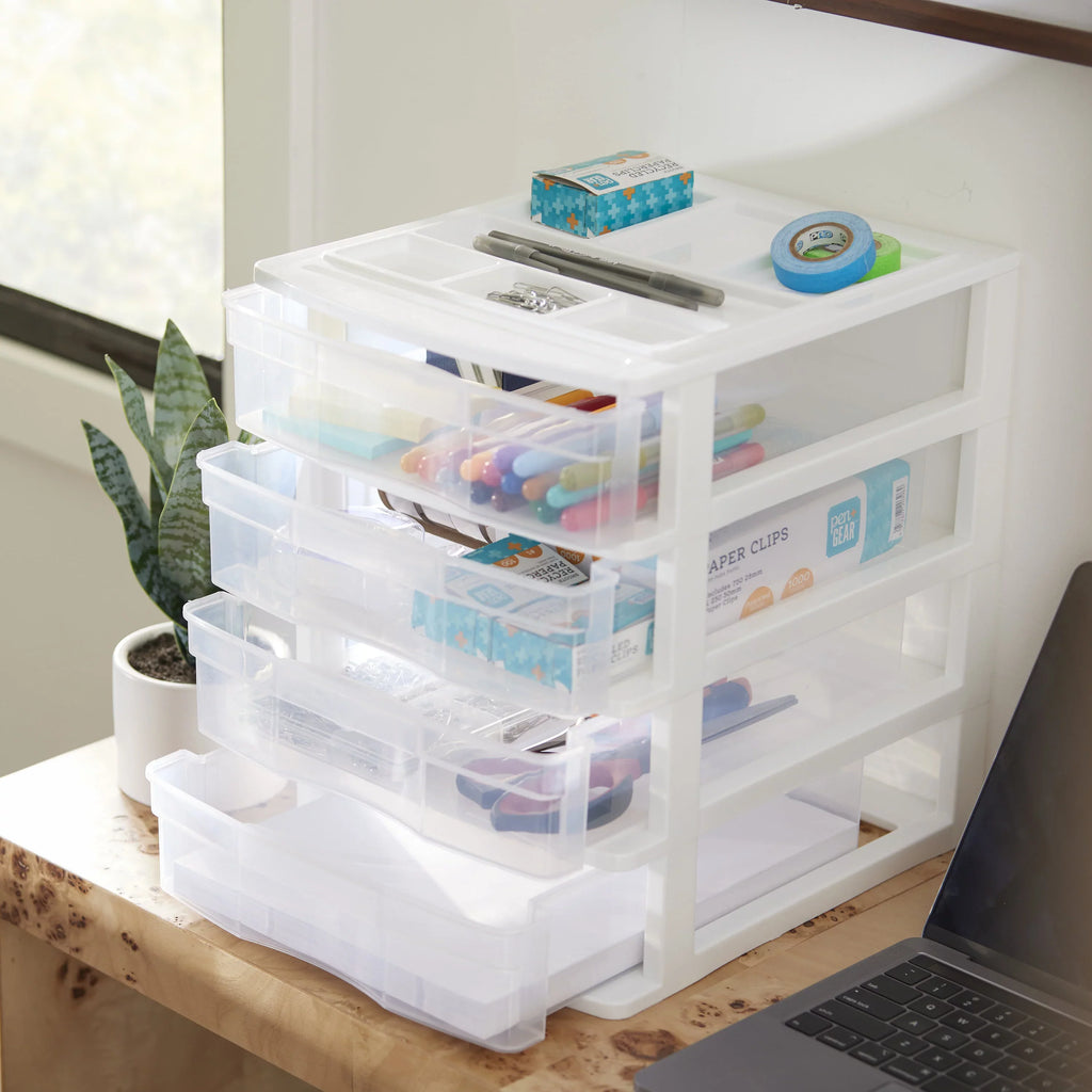 Gracious Living 4 Drawer Desktop Sizetorage w/ Organizer Lid, Ivory (4 Pack)