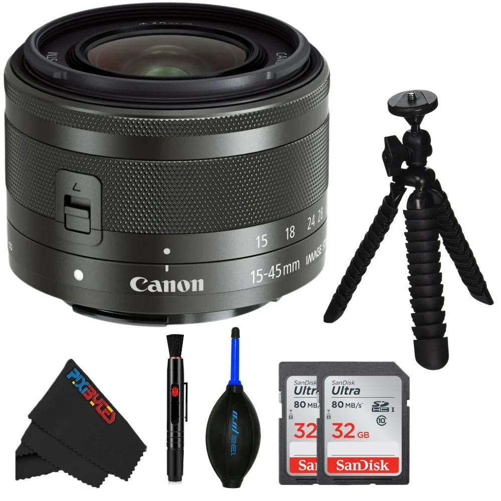 Canon EF-M 15-45mm f/3.5-6.3 ISize SizeTM Lens (Graphite) - PixiBytes Basic Bundle