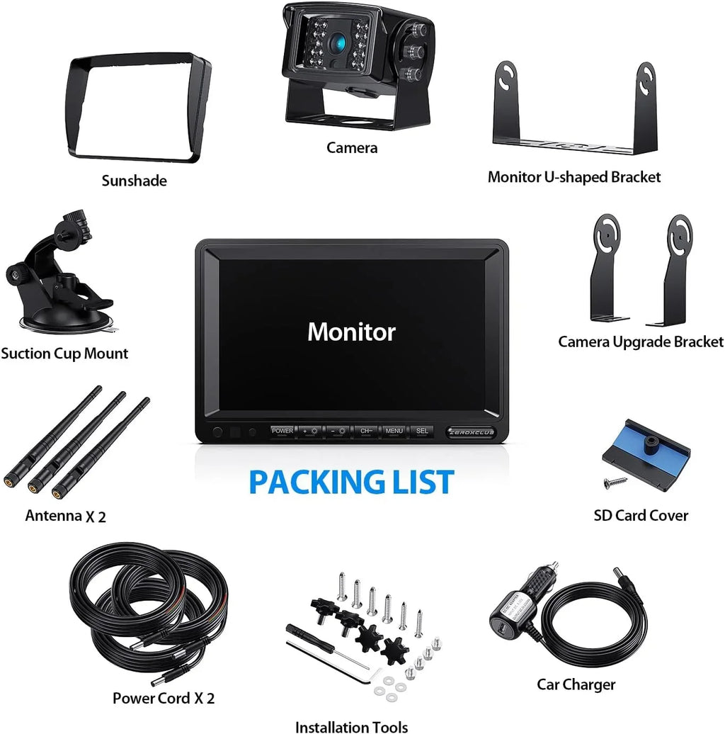 ZEROXCLUB Wireless Backup Camera 7'' 1080P HD LCD Monitor IP69 Waterproof Night Vision Parking Sizeystem for RV/Truck/Trailer/Van/Bus SizeW01