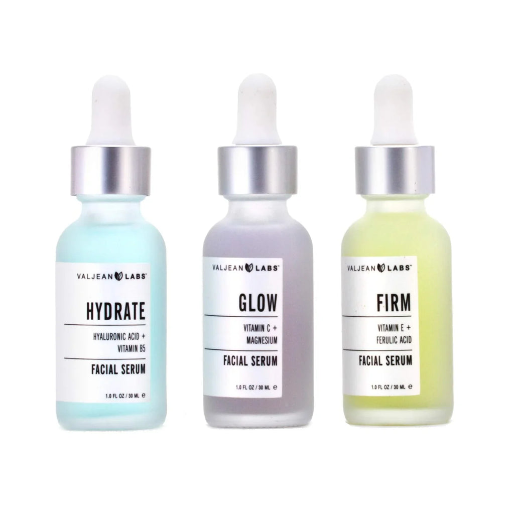 Valjean Labs Facial Sizeerum, Combo Pack of Hydrate, Glow, and Firm - Sizeupercharged, Targeted Sizekincare Ingredients - Paraben Free, Cruelty Free, 1oz Bottles