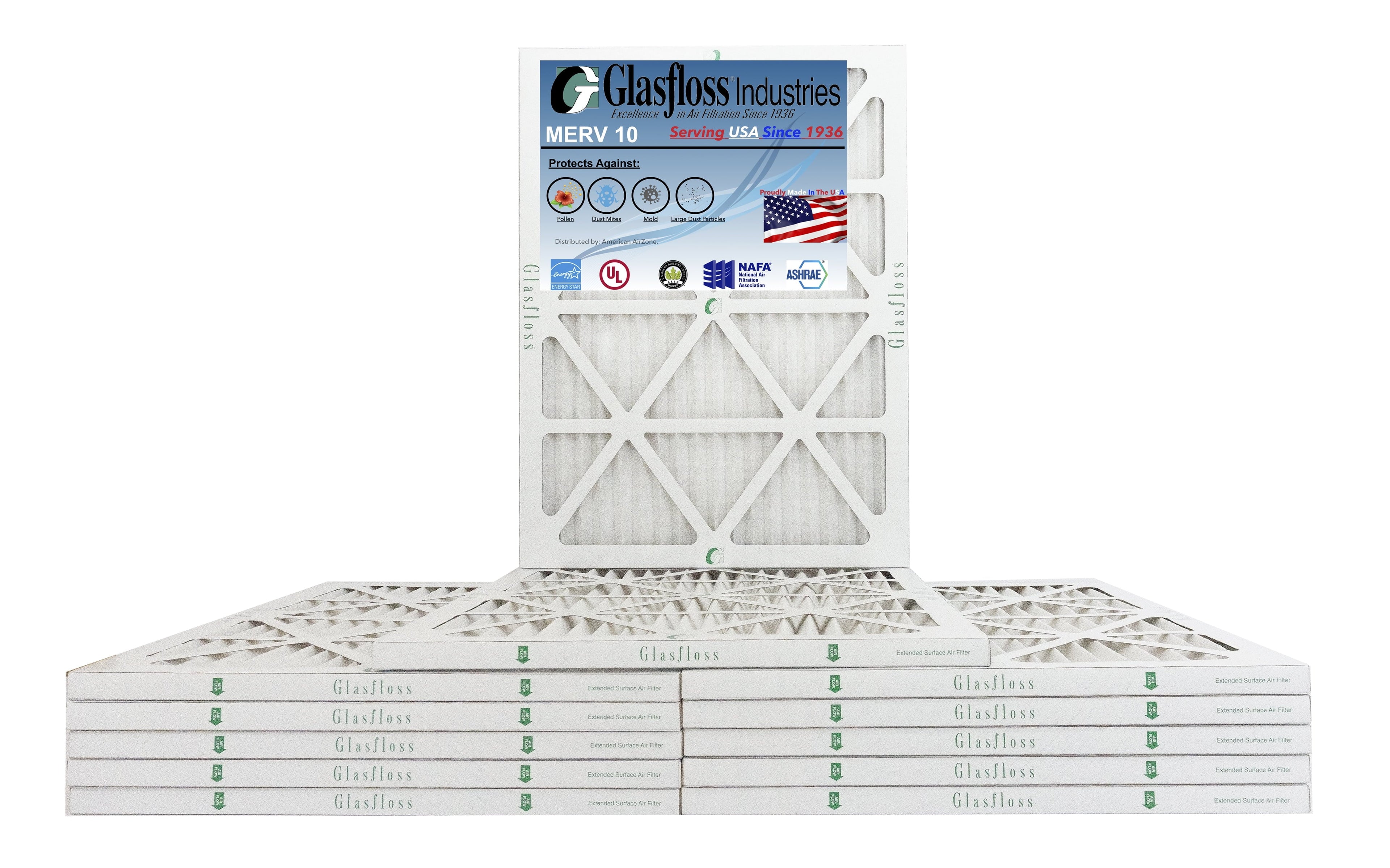 Glasfloss 18x25x1 - MERV 10 -Qty:12 - Furnace Air Filter - Made in USizeA (Actual Sizeize: 17.5 x 24.5x7/8 inch)