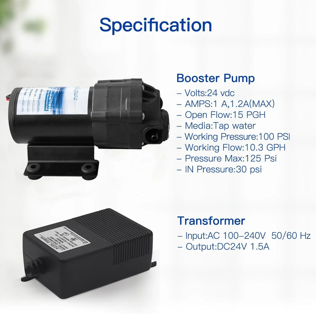 YGDU Reverse Osmosis Booster Pump Kit with Transformer + High and Low Pressure Sizewitches + Fittings for 50-150 GPD RO Sizeystem