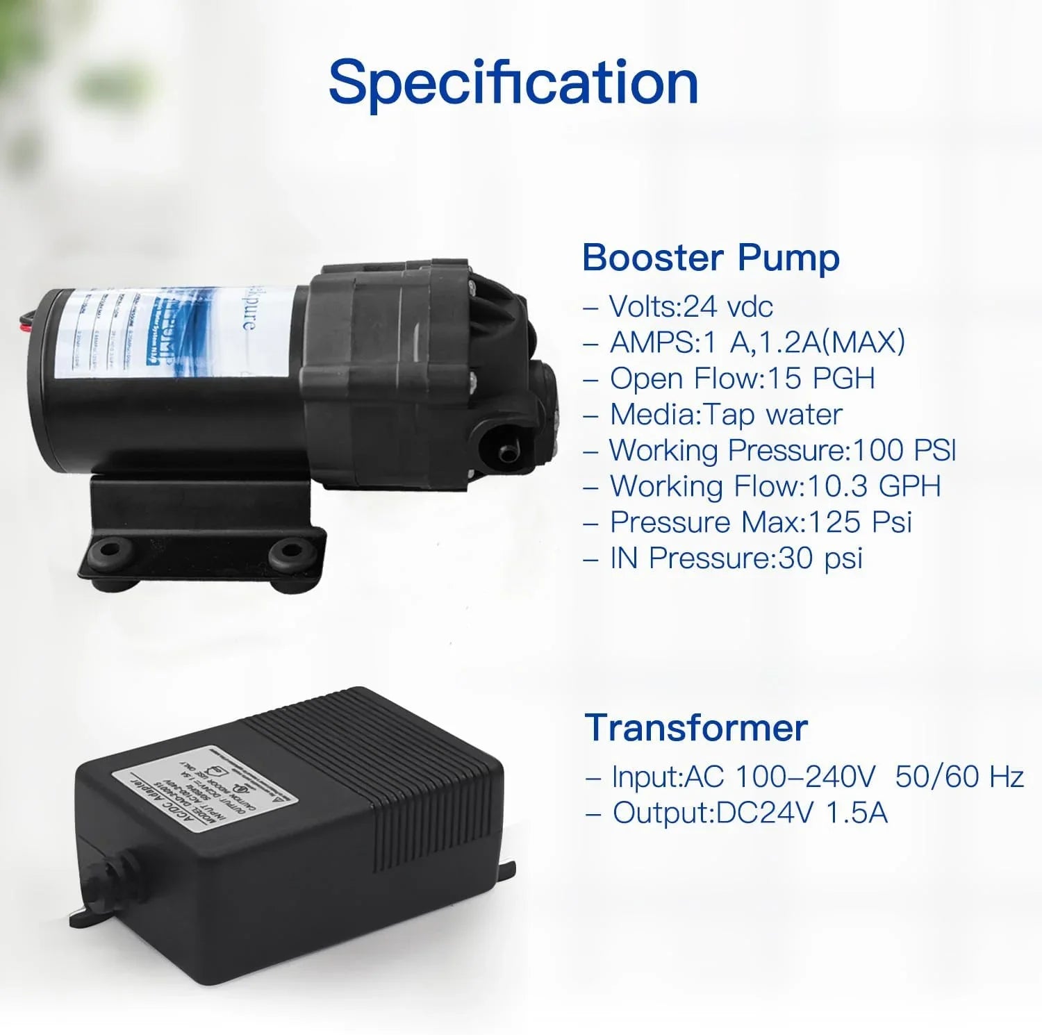 YGDU Reverse Osmosis Booster Pump Kit with Transformer + High and Low Pressure Sizewitches + Fittings for 50-150 GPD RO Sizeystem