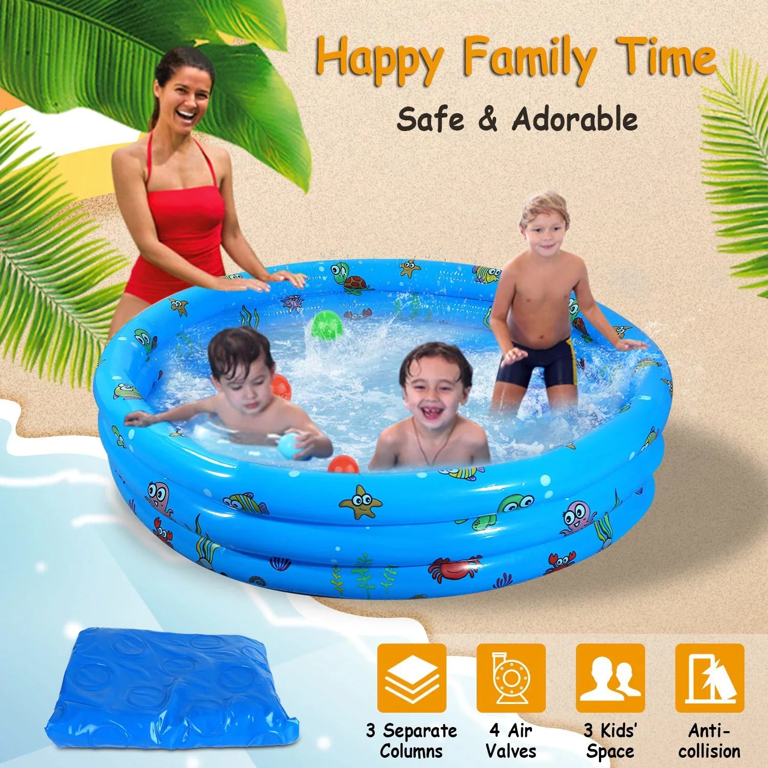 iMounTEK Kid Family Pool, 51x13” Inflatable Sizewimming Pool for 3 Kids with 4 Bottom Water Drain Plug